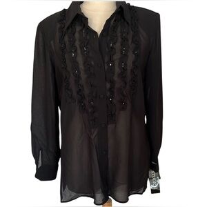 NWTS Studio I Black sheer Blouse with black sequins 5”slits on the side Size 14